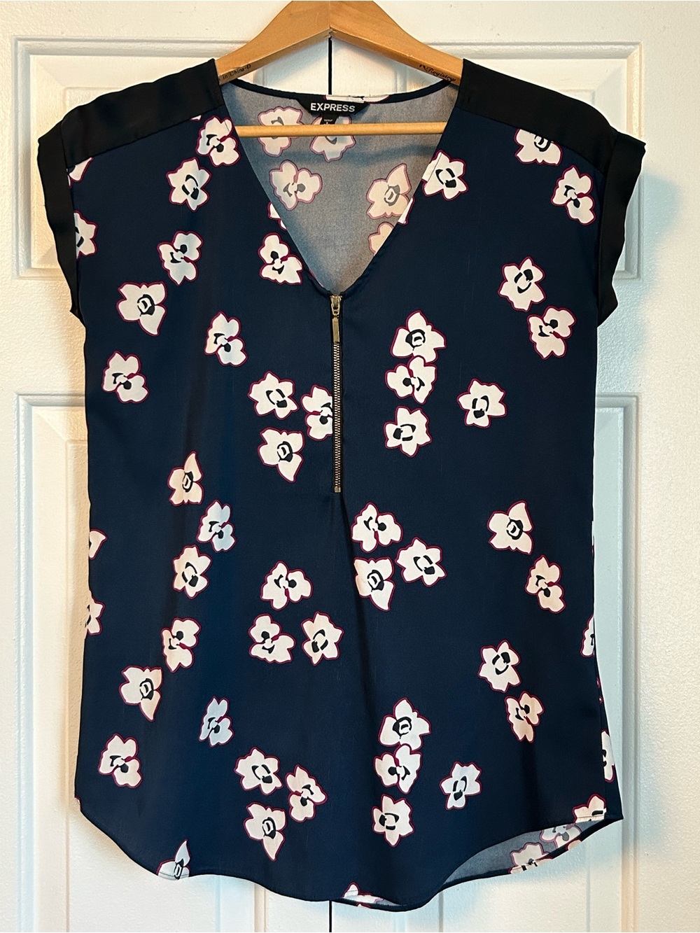 Express Floral Print Mixed Media Blouse in Navy and Cream Print with Black Trim